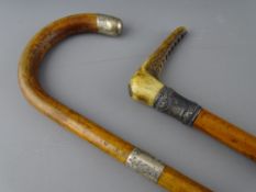 A MALACCA RIDING CROP and a silver mounted walking stick, 73 cms and 91 cms long respectively