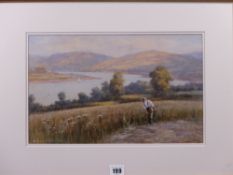 WARREN WILLIAMS ARCA watercolour - River Conwy scene with yacht and figure scything hay, signed,