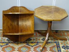 A VINTAGE MAHOGANY TWO TIER WALL HANGING CORNER SHELF, 61 cms high and a 19th Century oak