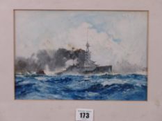 CHARLES DIXON watercolour - war ship at full steam with other boats at stern, signed and dated 1917,
