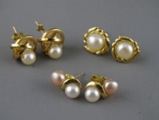THREE PAIRS OF CULTURED PEARL STUD EARRINGS, 9-375 marked posts to two pairs, the other unmarked but