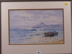 WARREN WILLIAMS ARCA watercolour - coastal scene at Criccieth with castle and village and with boats