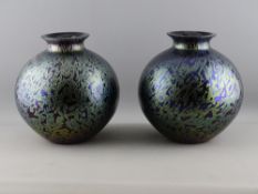 A PAIR OF CONTEMPORARY IRIDESCENT ART GLASS BULBOUS VASES, the bases marked 'Royal Brierley Studio',
