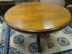 A VICTORIAN ROSEWOOD TILT TOP BREAKFAST TABLE, the 128 cms diameter top on a substantial carved