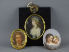 THREE PORTRAIT MINIATURES including a half length on ivory slip of Lady Hamilton, mounted in