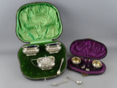 A CASED THREE PIECE SILVER SALT & MUSTARD POT SET by Walker & Hall, a small cased electroplated salt