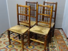 A GOOD SET OF FOUR LANCASHIRE ELM & RUSH SEAT SPINDLEBACK DINING CHAIRS, 100.5 cms high, 47 cms