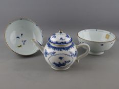 TWO NANKING CARGO BLUE & WHITE DECORATED CERAMIC BOWLS and a bullet shaped teapot, similar period
