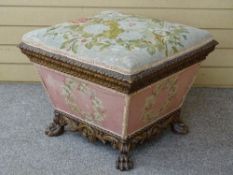 AN EXCELLENT CARVED OAK & TAPESTRY UPHOLSTERED OTTOMAN/STOOL having acanthus leaf and rope twist