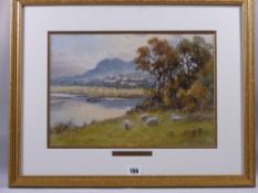 WARREN WILLIAMS ARCA watercolour - Conwy river scene with grazing sheep and ponies in the