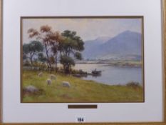 WARREN WILLIAMS ARCA watercolour - Conwy Valley river scene with figure in a boat and sheep in the