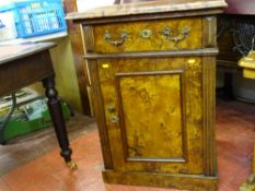 A CONTINENTAL BURR WOOD SIDE CABINET with red marble top over a single drawer and cupboard door