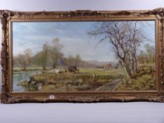 DON VAUGHAN oil on canvas - rural scene with river and figures with horse and cart collecting timber