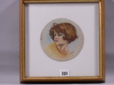 MOSS WILLIAMS watercolour, circular format - portrait of a young girl, signed in full and dated