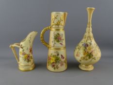THREE PIECES OF ROYAL WORCESTER BLUSH DECORATED PORCELAIN including a tusk jug with antler handle,