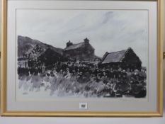 SIR KYFFIN WILLIAMS RA colourwash print - farmstead scene, signed in full, 37 x 53 cms