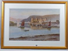 WARREN WILLIAMS ARCA watercolour - Conwy Castle, Quay & Suspension Bridge with Castle Walls and