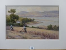 WARREN WILLIAMS ARCA watercolour - two figures scything hay near a bend in the River Conwy and