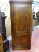 AN ANTIQUE OAK ONE PIECE STANDING CORNER CUPBOARD having a shaped cornice over canted corners,
