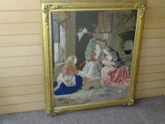 A LARGE GILT FRAMED BERLIN TYPE WOOLWORK TAPESTRY of two young girls with a fortune teller, 109.5