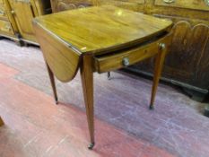 A REGENCY CROSSBANDED & LINE INLAID MAHOGANY TWIN FLAP TABLE with single end drawer on tapering