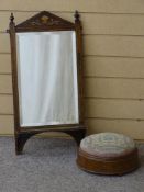 AN INLAID ROSEWOOD WALL MIRROR with bevelled edged glass and shelf and a circular tapestry topped