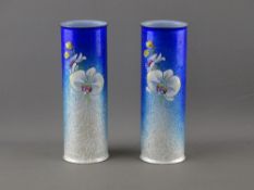 A PAIR OF JAPANESE GINBARI CLOISONNE CYLINDRICAL VASES, 18.5 cms high