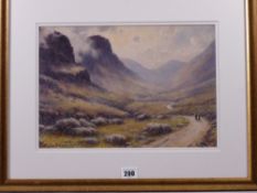 WARREN WILLIAMS ARCA watercolour - Snowdonia mountainous landscape with two figures on a track,