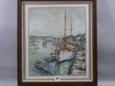 MOSS WILLIAMS watercolour - harbour scene at Caernarfon with moored boats and figures seated on