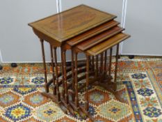 A QUARTETTO OF CIRCA 1900 MAHOGANY SIDE TABLES with oval inlaid central top panels on delicate