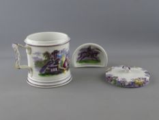 AN EARLY & UNUSUAL STAFFORDSHIRE POTTERY SHAVING MUG, hand tinted puce transfer decoration with