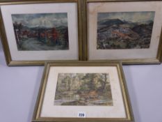 MOSS WILLIAMS three watercolours - North Wales, river scene, mountain road landscape and a road with