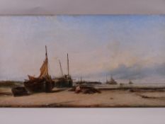 GEORGE D CALLOW oil on canvas, unframed - busy coastal scene with numerous beached boats and
