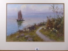 WARREN WILLIAMS ARCA watercolour - coastal pathway with trees and birches and with two sailing boats