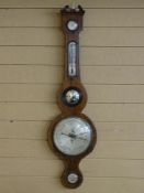 A GEORGIAN LINE INLAID MAHOGANY BANJO/WHEEL BAROMETER with thermometer, 95 cms long