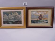 MOSS WILLIAMS watercolour - rocky estuary scene with beached boat under heavy clouds, indistinctly