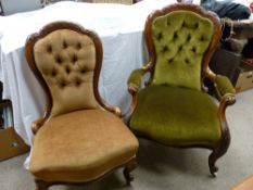 TWO VICTORIAN CARVED WALNUT LADY'S & GENT'S SPOONBACK CHAIRS, both having matching detail to the top