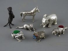 SIX SILVER ANIMAL FIGURINES & ONE OTHER including an otter, London 1980, 19.9 grms, a standing horse