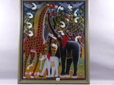 TANZANIAN TINGA TINGA SCHOOL oil - colourful depiction of an elephant with young and exotic birds