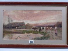MOSS WILLIAMS watercolour - busy rustic scene with ducks in a pond and young girl with three