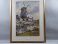 WARREN WILLIAMS ARCA watercolour - The Old Windmill at Cemaes Bay, Anglesey with cottages, mill pond