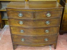 A REGENCY MAHOGANY BOW FRONT CHEST OF TWO SHORT OVER THREE LONG DRAWERS on corner bracket feet, pine