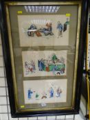 Three Oriental paintings on rice paper in one frame