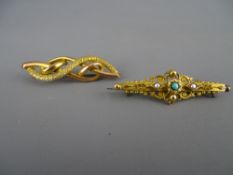 Nine carat gold entwined bar brooch, 3.4 grms and a fifteen carat gold seed pearl and turquoise