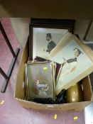 Box of assorted prints including Vanity Fair, vintage soda syphon etc