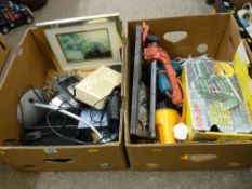 Two boxes of various household and garage goods including a boxed Bosch sander, a Black & Decker