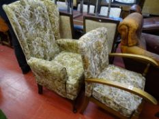 Floral upholstered wingback chair and one other similar