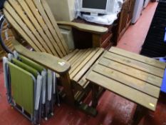 Substantial garden rocking chair with side table and set of four vintage folding deckchairs