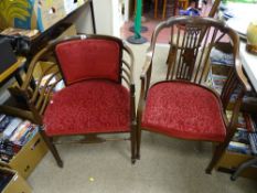 Two red upholstered mahogany armchairs with inlay