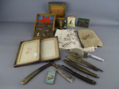 Mixed box of collectables including four cut throat razors, a pewter decorated box, two vintage